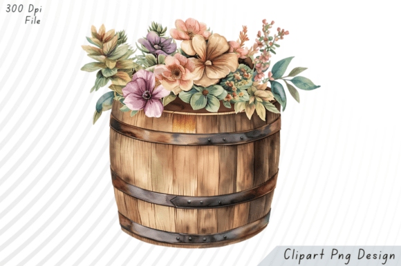 Download Wooden Barrel with Blooming Flowers PNG - Premium Bundle